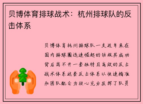 贝博体育排球战术：杭州排球队的反击体系
