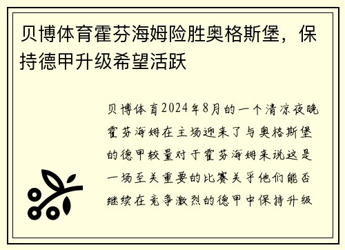 贝博体育霍芬海姆险胜奥格斯堡，保持德甲升级希望活跃